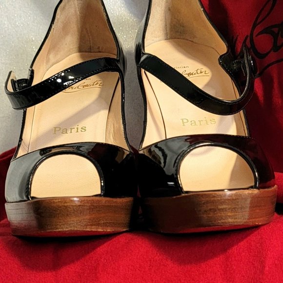 CHRISTIAN LOUBOUTIN Black Patent Leather Zeppa Mary Jane Peep Toe Pumps  39 - Picture 13 of 13